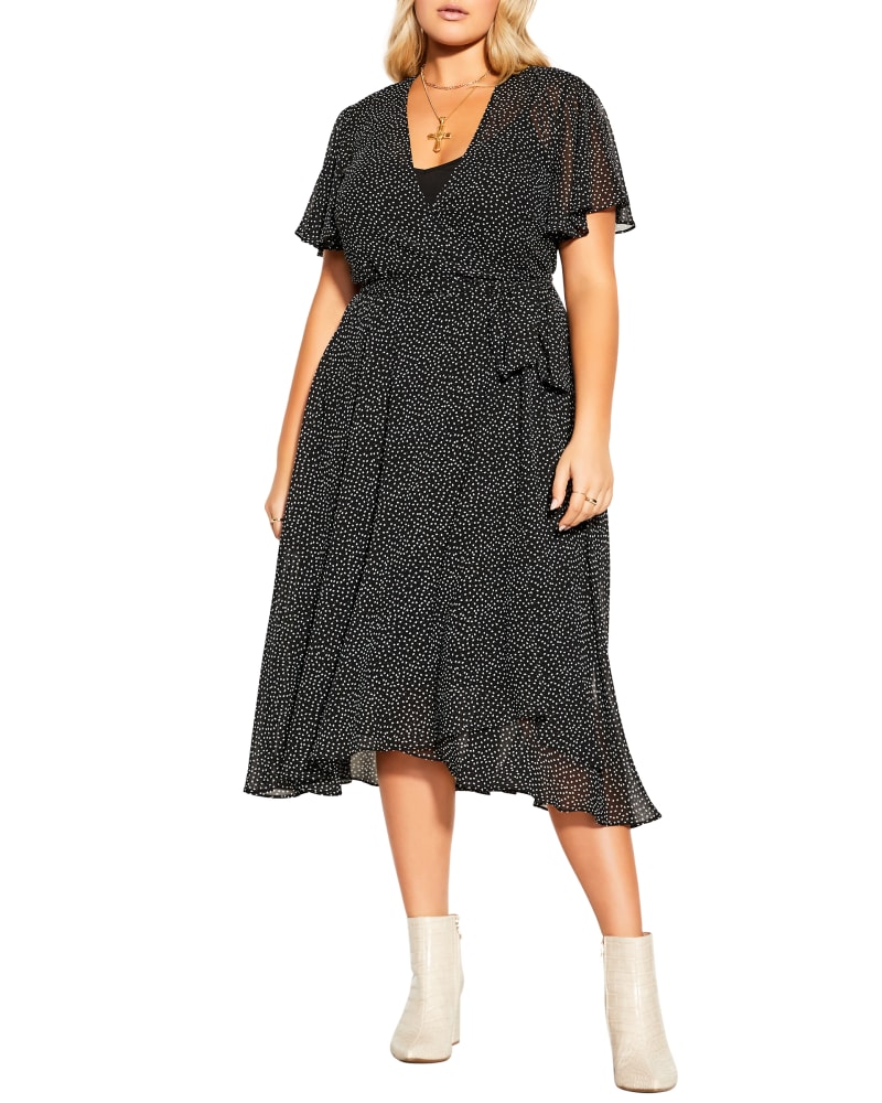 Front of a model wearing a size XS Spotty Wrap Dress in Ivory Spot by City Chic. | dia_product_style_image_id:228660